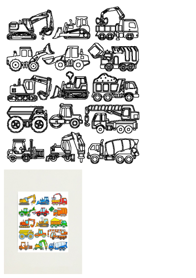 A collection of detailed outlined and vibrantly colored construction vehicles, ideal for a sticker sheet or kids' artwork projects.