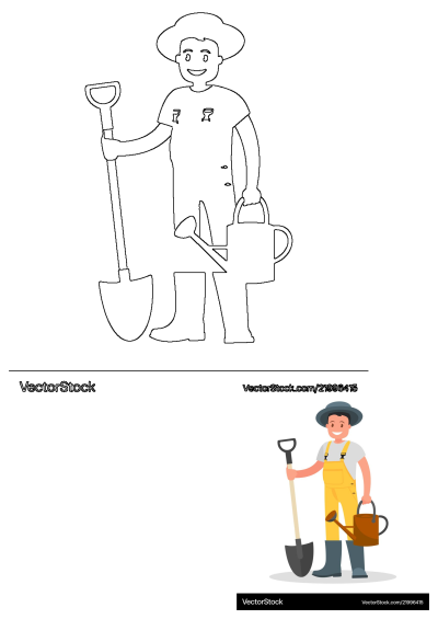 Smiling gardener in yellow overalls, hat, and boots, holding a shovel and watering can, ready for gardening work.