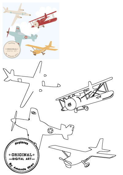 Vibrant digital art featuring vintage cartoon airplanes (jet, biplane, propeller planes) flying in the sky, complete with outlines.