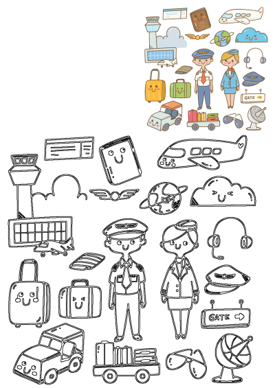 Cute cartoon airport characters, elements, and airplane for travel and tourism. Features smiling pilot, flight attendant, luggage, and icons.