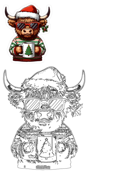 Festive Highland cow wearing a Santa hat, red sunglasses, and an ugly Christmas sweater, holding a mug with a Christmas tree design.
