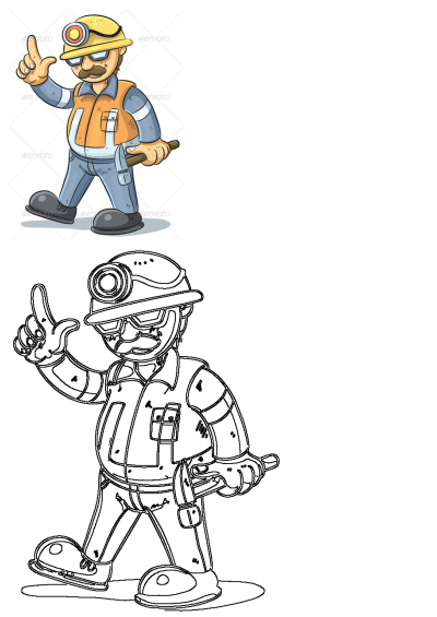 Cartoon construction worker in a yellow hard hat, safety glasses, and orange vest points up while holding a hammer.