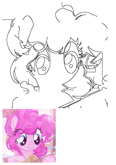 A cute pink pony cartoon character with big eyes, known as a guitar player, depicted in a detailed line art drawing.