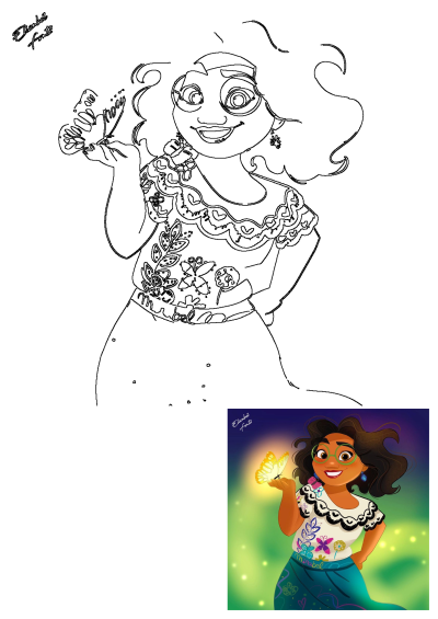 Detailed line art of Mirabel Madrigal, the Encanto butterfly cartoon character, smiling while holding a glowing butterfly.