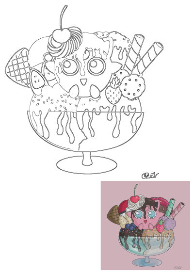A delightful ice cream sundae featuring Jigglypuff and a Pokeball, topped with melting chocolate, sprinkles, wafers, strawberries, and a cherry.