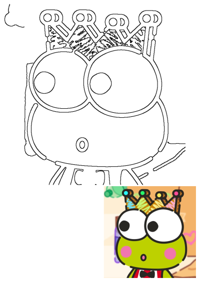 Black and white outline of a cheerful cartoon frog king character, complete with a royal crown and a stylish bow tie, ready to be colored.