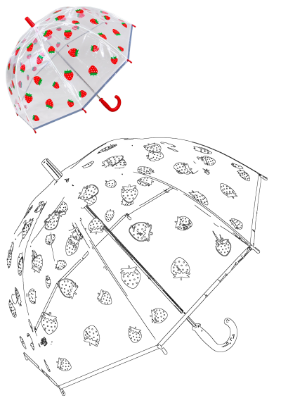 A vibrant strawberry print children's umbrella with a red crook handle, presented alongside its black and white outline for coloring.