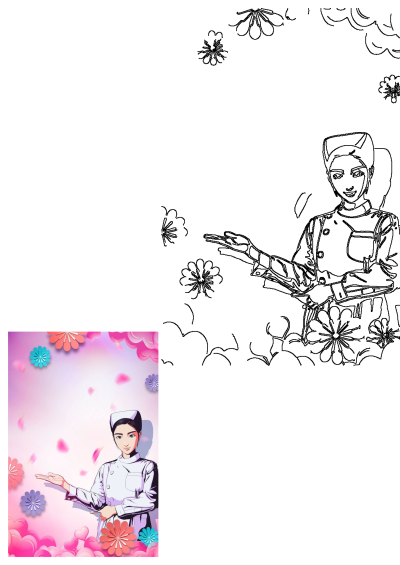 A friendly cartoon nurse in uniform gestures on a vibrant pink floral background with paper-cut flowers and falling petals.