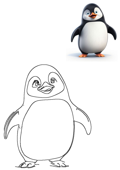 Vibrant cartoon penguin illustration with blue eyes and orange beak, paired with its simple outline drawing, both isolated on a white background.