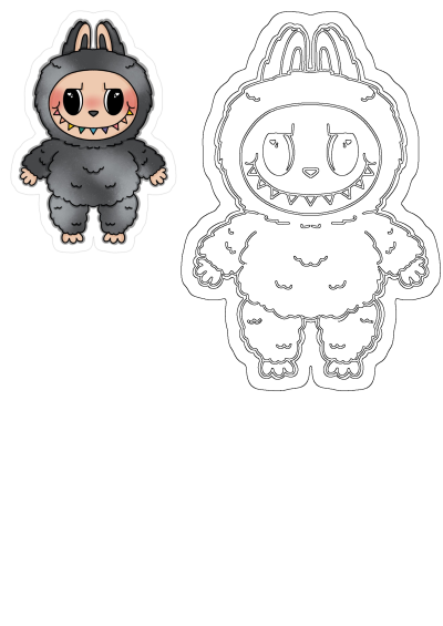 Cartoon bunny costume sticker featuring a cute, fluffy dark gray character with big eyes, rosy cheeks, colorful sharp teeth. Also includes its outline.
