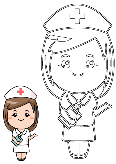 A friendly cartoon nurse holding a clipboard, depicted in a cute colored version and a clear outline for various healthcare designs.
