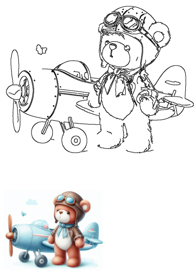 A cute teddy bear pilot wearing vintage gear stands beside a light blue propeller airplane, an adorable aviation illustration.