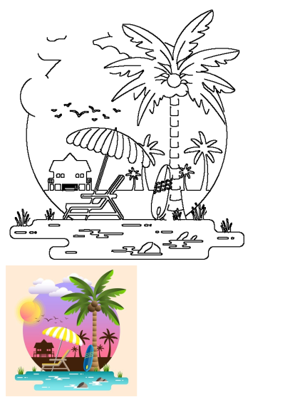 Outline of a serene tropical beach scene featuring swaying palm trees, a relaxing beach chair, a sun umbrella, a surfboard, and a hut by the water.