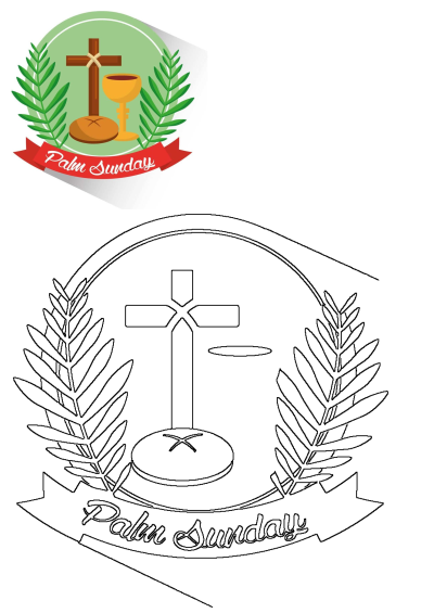 Palm Sunday emblem featuring a cross, chalice, and palm fronds forming a laurel wreath, with 'Palm Sunday' text on a banner.