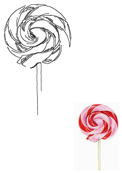 Black and white outline and vibrant red and white swirl lollipop candy on a stick. A classic sweet treat illustration.
