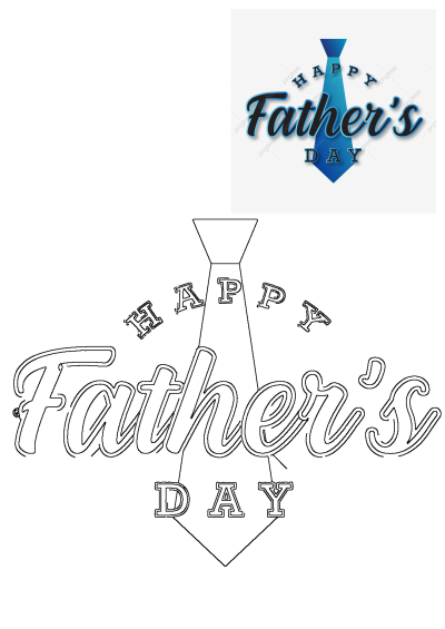 A vibrant Happy Father's Day greeting featuring a blue tie design, presented alongside a printable outline for coloring activities.