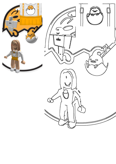 A Roblox avatar showcasing a kawaii Gudetama-inspired outfit, featuring a white top, yellow overalls with the lazy egg character, and white shoes.