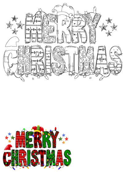 A festive Merry Christmas text design featuring colorful plaid, leopard print, and knit patterns, adorned with string lights, stars, and Santa hats on a white background.