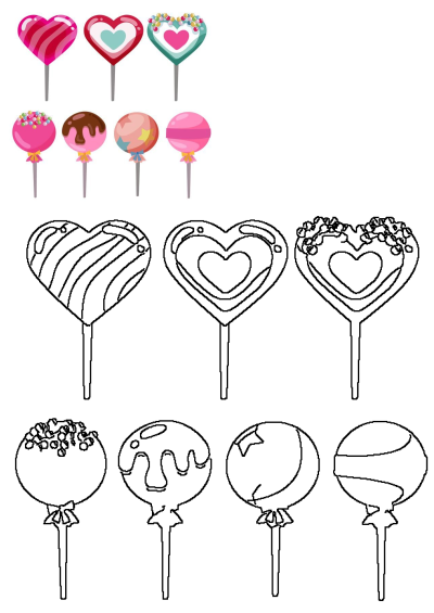 Colorful heart lollipops and various sweet treats vector illustration. Features both vibrant candy designs and outline versions for creative use.