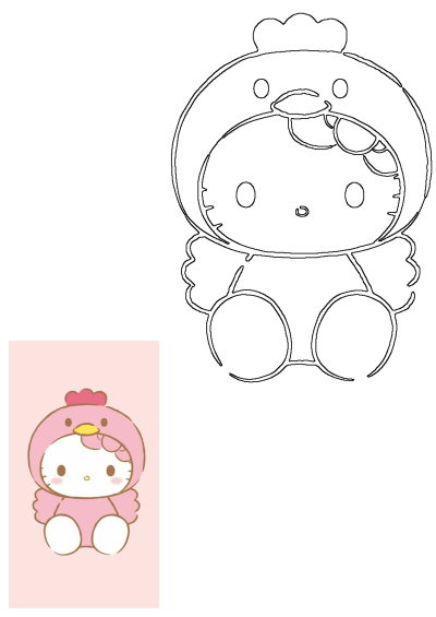 Cute Hello Kitty in a pink chicken costume, sitting on a soft pink background, with a matching outline drawing.