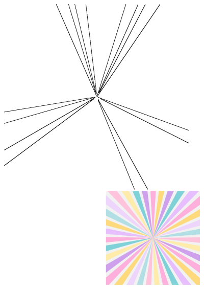 Vibrant pastel rainbow sunburst abstract background with radiating lines in soft pink, yellow, purple, blue, and black.