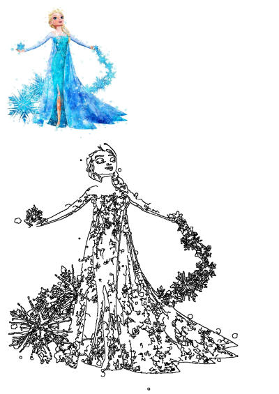 Vibrant watercolor art of Frozen's Princess Elsa in her icy blue gown with snowflakes, paired with a distinct outline version.