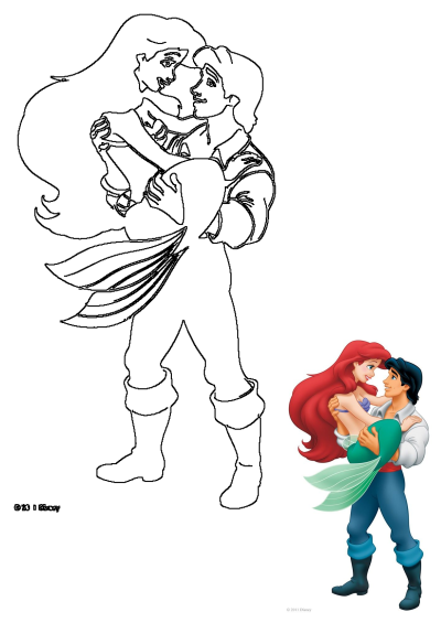 The Little Mermaid's Ariel, with red hair and green tail, is lovingly embraced by Prince Eric, capturing their romantic moment.