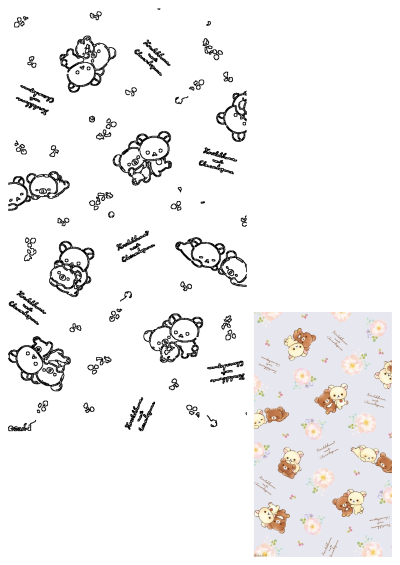 Cute teddy bear and flower seamless pattern on blue background, featuring Korilakkuma and Chairoikoguma hugging among pink blossoms.