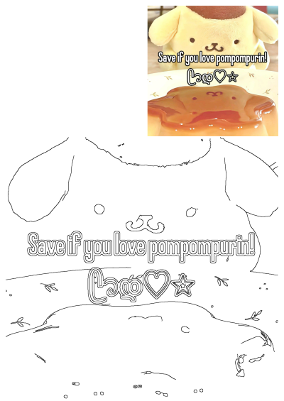 A cute Pompompurin teddy bear plush with syrup pudding, shown in color and as line art, displaying 'Save if you love Pompompurin!' text.