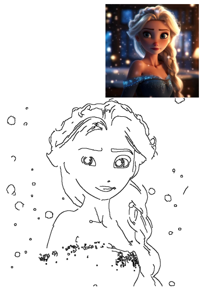 Animated image of Frozen Princess Elsa with long blonde braided hair, wearing a sparkling blue dress, presented alongside a line art version.