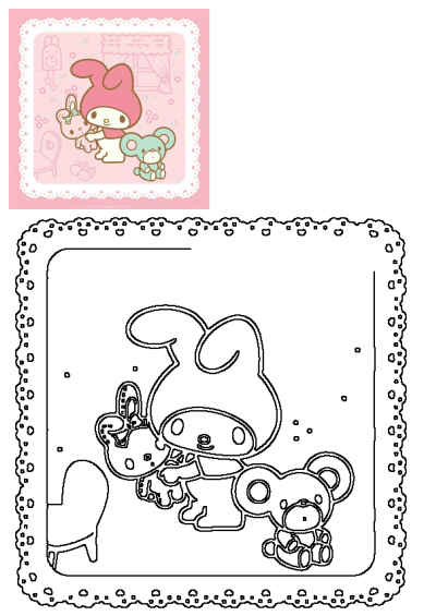 My Melody hugging a pink bunny, with a cute blue bear friend, on a sweet pink background with a delicate lace border.