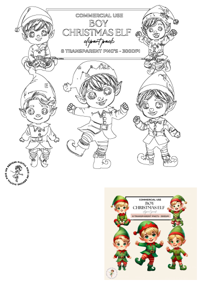 Cute boy Christmas elf digital clipart transparent PNGs featuring multiple poses, available in both line art and vibrant colors.