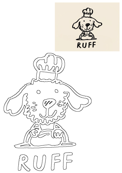 Cute Ruff Dog Chef illustration: a charming cartoon dog in chef attire with 'RUFF' text, accompanied by a clean outline version.
