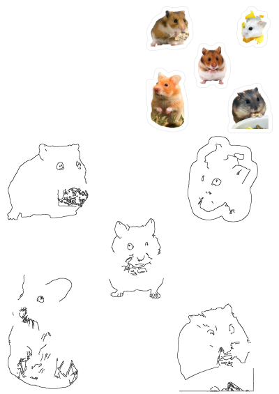 Discover a cute hamster collection featuring photographic stickers of hamsters eating food, plus expressive outline art drawings. Perfect for pet lovers.