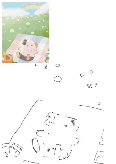 A charming watercolor of a fluffy hamster napping on a picnic blanket in a sunny daisy field with a rainbow overhead.