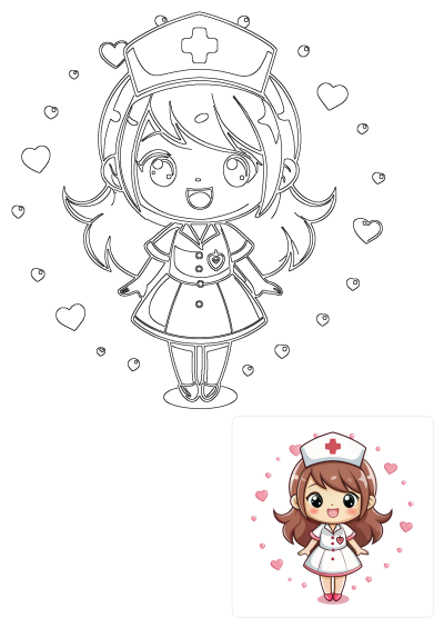 Line art illustration of a cheerful kawaii nurse character for custom vinyl decal stickers, featuring a traditional cap and hearts.