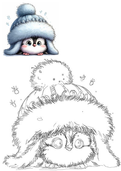 Adorable fluffy baby penguin wearing a cozy blue winter hat with a pom-pom, featuring big expressive eyes and rosy cheeks.
