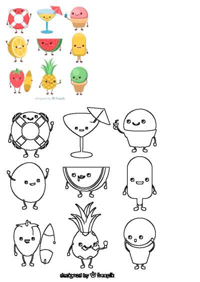 A vibrant set of cute kawaii fruit, ice cream, and summer characters, including lemon, watermelon, pineapple, strawberry, popsicles, and cocktails.