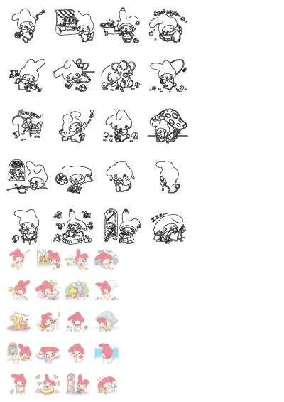 My Melody character stickers featuring different expressions and activities, in both outline and vibrant colored illustrations.