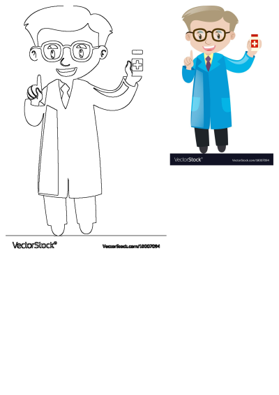 A cartoon doctor in a blue lab coat and glasses holds a red cross medicine bottle, offering health advice. Also includes outline.