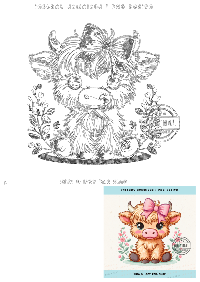 Cute coquette Highland cow PNG design with pink bow and floral accents. Ideal for digital art, crafts, and instant download.