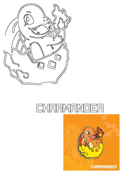 Charmander outline drawing and a vibrant cartoon illustration. Features an orange and yellow Charmander hatching from an egg, with a fiery tail.