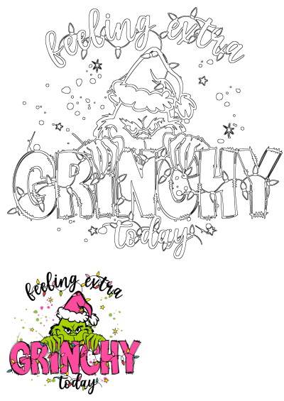Grinch wearing a pink Santa hat, holding 'GRINCHY today' text with 'feeling extra' above. Vibrant pink/green logo, festive lights.