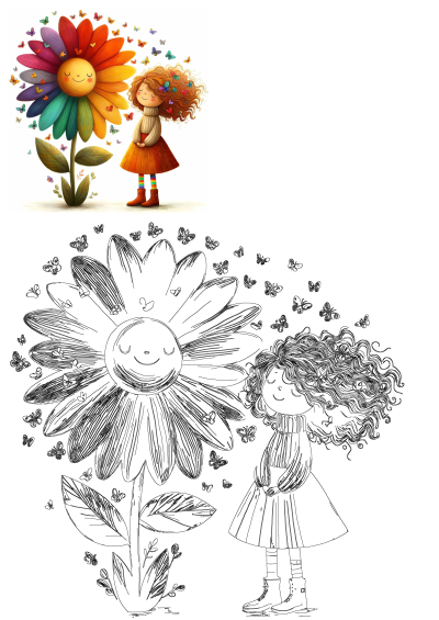 A joyful girl with curly hair beside a smiling rainbow flower, covered in colorful butterflies. Includes a black and white outline.