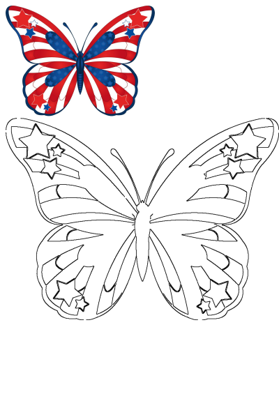 Vibrant patriotic butterfly with American flag stars and stripes on its wings, accompanied by an outline for coloring fun.