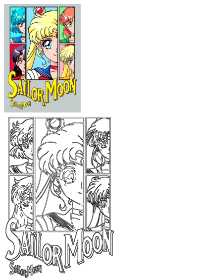 Vibrant Sailor Moon anime movie poster featuring Usagi Tsukino and four Sailor Senshi in a dynamic collage, alongside its black outline version.