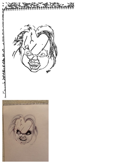 Detailed Inktober sketch of Chucky, the iconic horror doll from Child's Play, showcasing his scarred face and menacing grin on a sketchbook page.