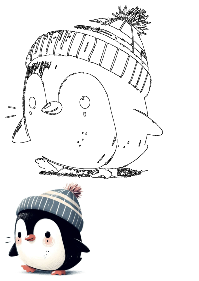 An adorable, cute penguin illustration wearing a blue and white striped winter hat with a pompom, full of warmth and charm.