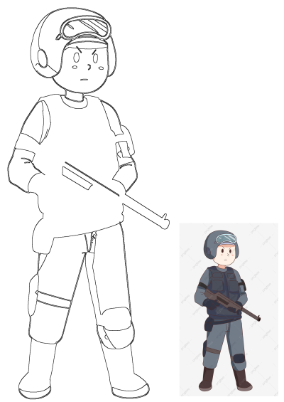 Detailed outline drawing of a cartoon riot police officer, wearing a helmet and tactical vest, holding a rifle.