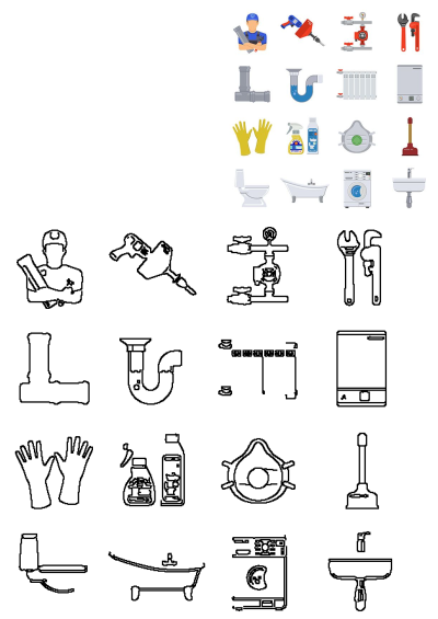 Plumbing tools, pipes, bathroom fixtures (sink, toilet, tub, washer), heating, and cleaning icons. Color & outline styles.